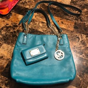 Teal Michael Kors crossbody bag with mini wallet